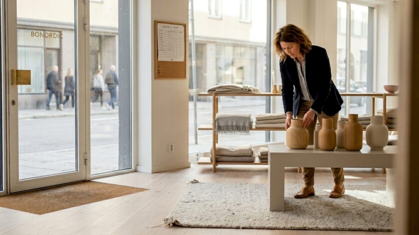 Store manager arranging Scandinavian decor display