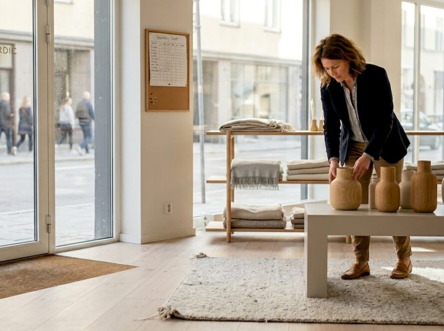 Store manager arranging Scandinavian decor display