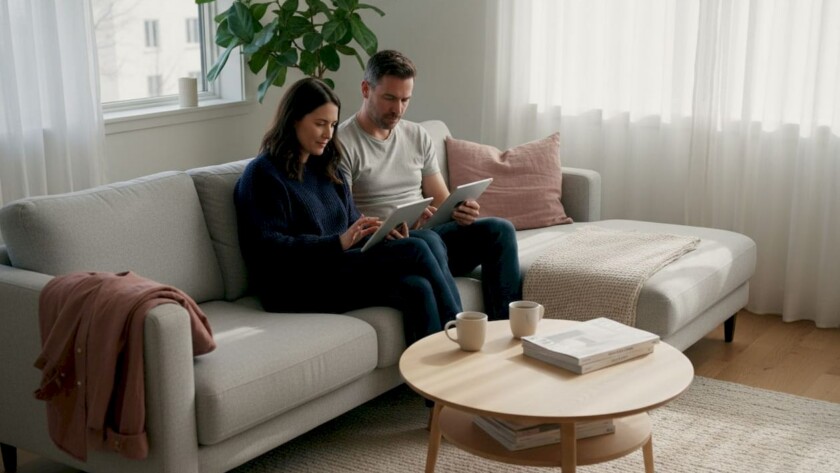 Modern Scandinavian living room with couple reading