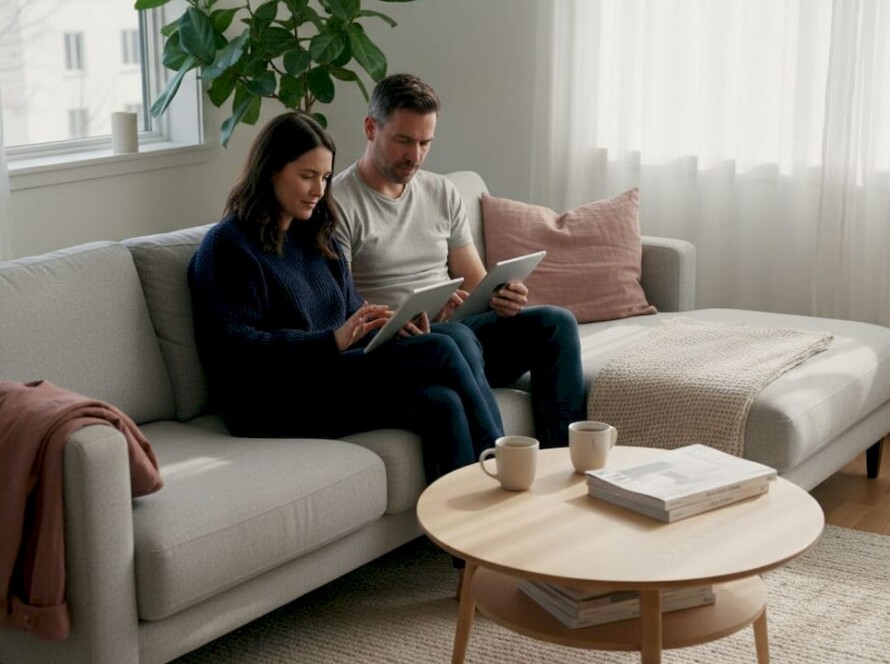 Modern Scandinavian living room with couple reading