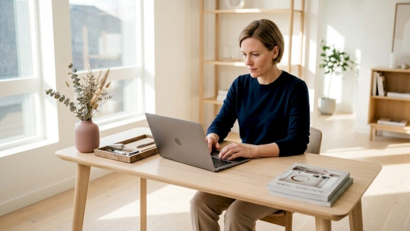 Woman reviewing franchise deals in Scandinavian workspace