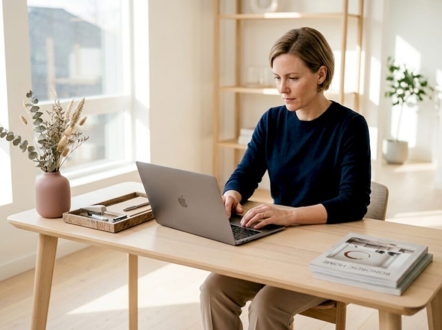 Woman reviewing franchise deals in Scandinavian workspace