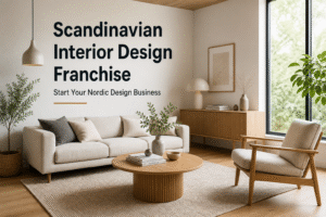 Minimalist Scandinavian living room with light wood furniture and neutral tones, featuring promotional text ‘Scandinavian Interior Design Franchise – Start Your Nordic Design Business’ on the wall.
