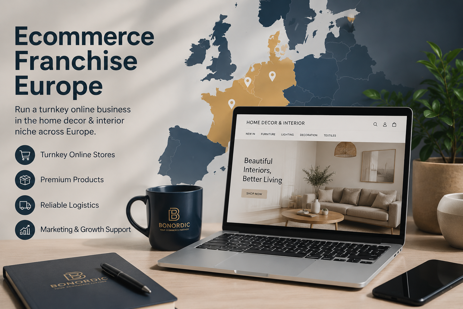Ecommerce franchise Europe concept showing a digital online store and remote business network across Europe